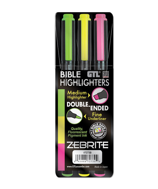 Zebrite Double-Ended Bible Highlighters, 3 Pack: Green/Yellow/Pink (#72730)(G.T. Luscombe Co., Inc.)
