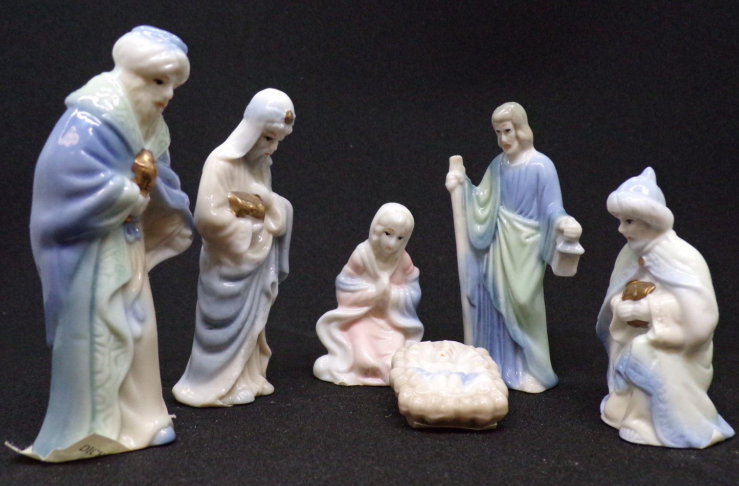 Dicksons Gifts - 6 Piece Nativity: Joseph, Mary, Baby Jesus in Manger, and 3 Wise Men - Tinted Porcelain w/Gold Accents - 3.25" High