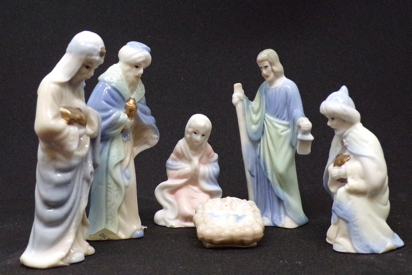 Dicksons Gifts - 6 Piece Nativity: Joseph, Mary, Baby Jesus in Manger, and 3 Wise Men - Tinted Porcelain w/Gold Accents - 3.25" High