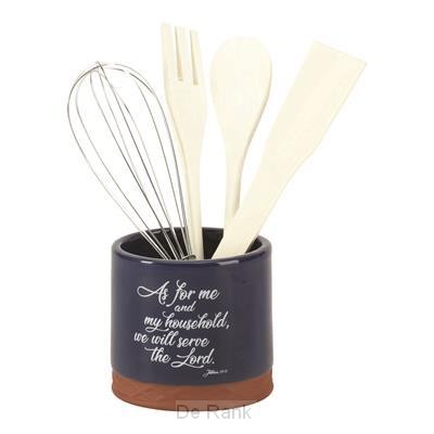 Dicksons Gifts - Terra Cotta/Ceramic Mug Utensil Holder w/Utensils: "As for me and my house, we will serve the Lord." Joshua 24:15 - Wooden Spoon, Fork, Spatula, & Metal Whisk Included