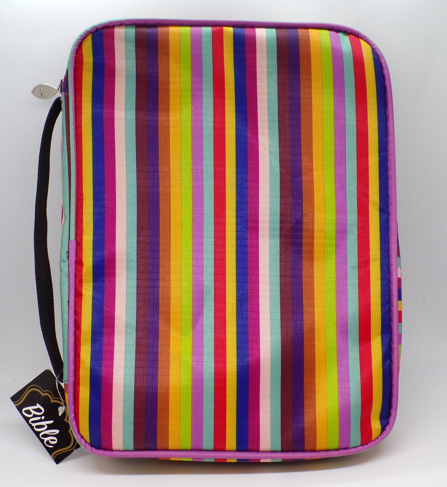 Printed Vinyl Bible Cover with Handle - Large, Multi-Color Striped w/Icthus Zipper Pull