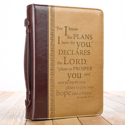 Christian Art Gifts® Bible Cover - Xtra Large - Two-tone Brown Faux Leather - For I Know the Plans... - Jeremiah 29:11 (BBXL248)