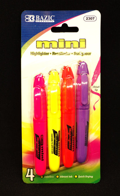 Mini Highlighters (4 Pack) #2307 - Chisel Tip - Cap Clip w/Ring (Bazic Products)