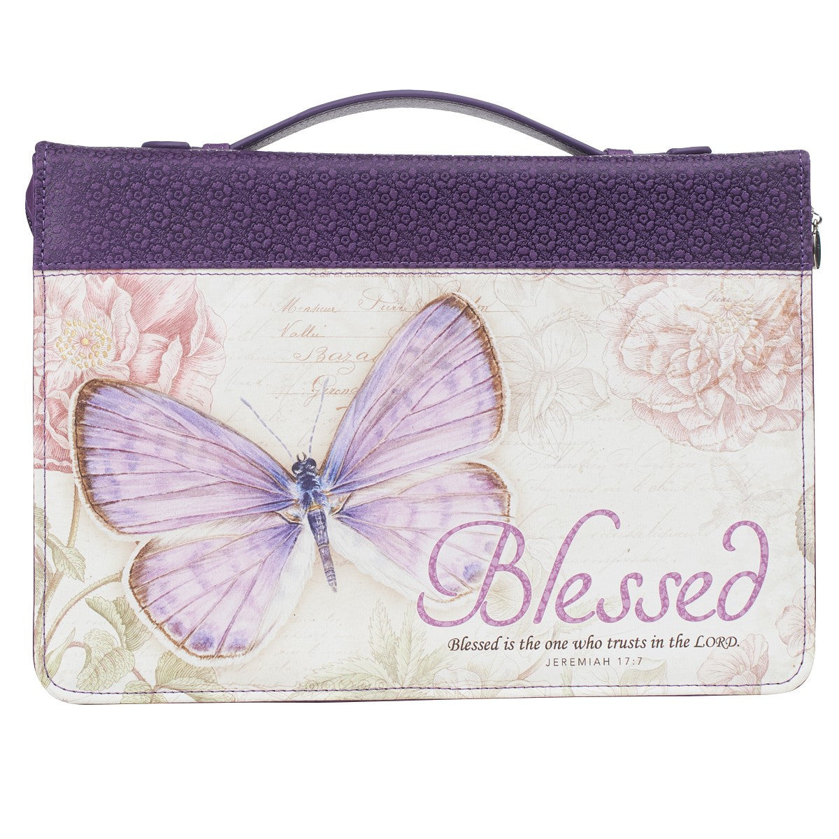 Christian Art Gifts® Bible Cover - Medium - Blessed Purple Butterfly Blessings - Faux Leather Fashion - Jeremiah 17:7 (BBM602)