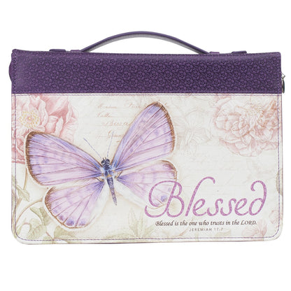 Christian Art Gifts® Bible Cover - Medium - Blessed Purple Butterfly Blessings - Faux Leather Fashion - Jeremiah 17:7 (BBM602)