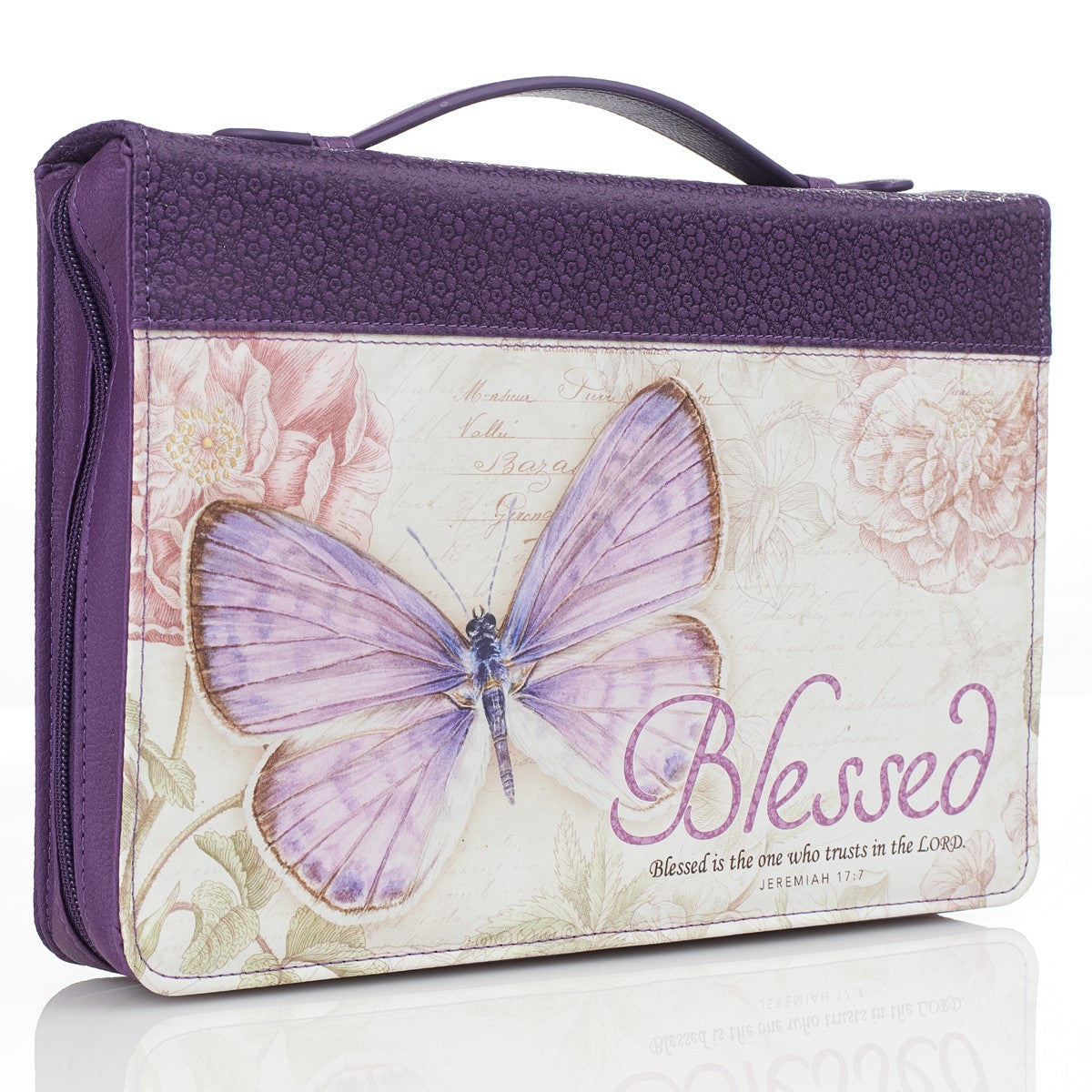 Christian Art Gifts® Bible Cover - Medium - Blessed Purple Butterfly Blessings - Faux Leather Fashion - Jeremiah 17:7 (BBM602)