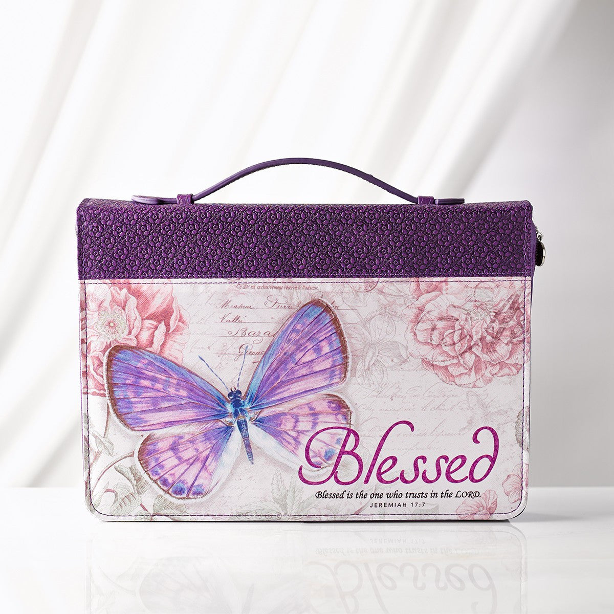 Christian Art Gifts® Bible Cover - Medium - Blessed Purple Butterfly Blessings - Faux Leather Fashion - Jeremiah 17:7 (BBM602)