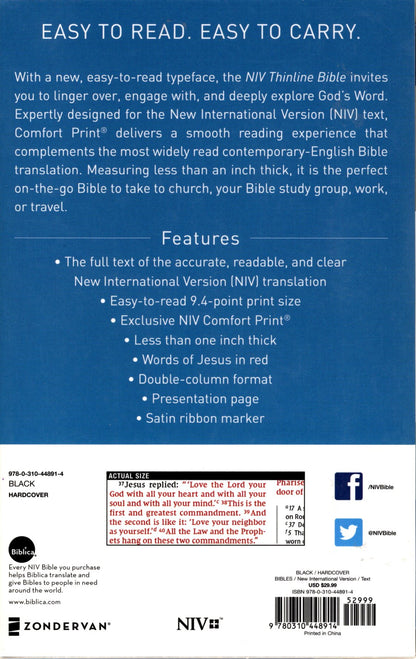 Zondervan NIV® Thinline Bible - Hardcover (Black)