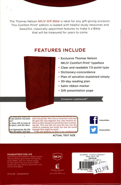 Thomas Nelson NKJV® Gift Bible - Leathersoft™ (Cinnamon)