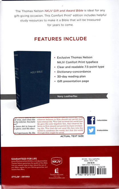 Thomas Nelson NKJV Gift and Award Bible - Leatherflex (Navy)