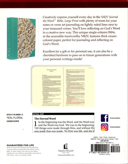 Thomas Nelson NKJV® Journal the Word™ Bible Large Print - Hardcover/Fabric (Teal Floral)