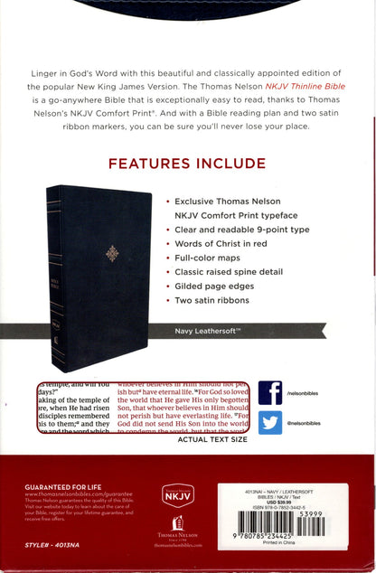 Thomas Nelson NKJV Thinline Bible w/Thumb Index - Leathersoft™ (Navy)