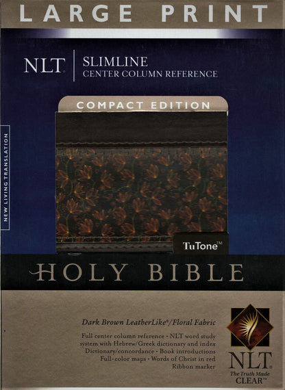 Tyndale NLT® Slimline Center Column Reference Compact Edition Bible Large Print - TuTone™ LeatherLike® (Dark Brown/Floral Fabric)