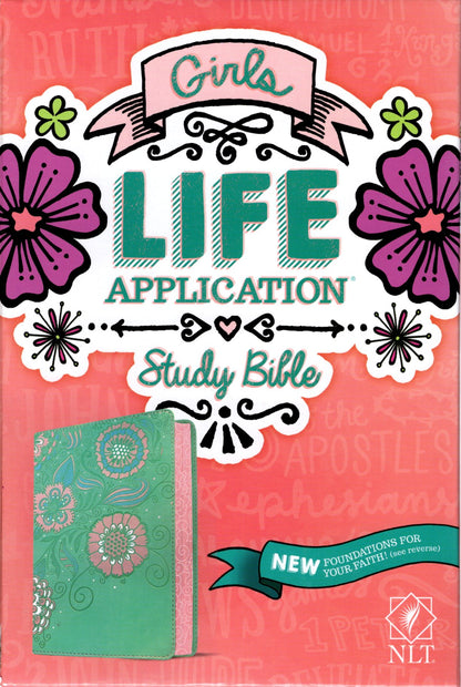 Tyndale NLT® Girls Life Application Study Bible - Leatherlike® (Seafoam Teal w/Pink Flowers)