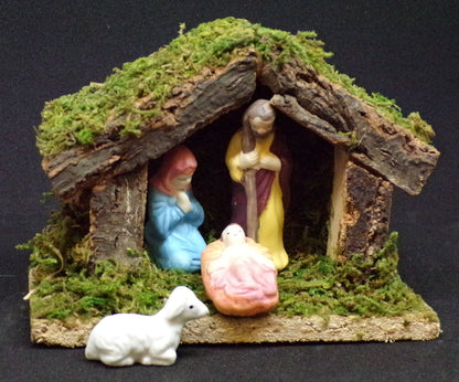 Oriental Trading Co. Inc. - 4 Piece Nativity Set with Stable: Joseph, Mary, Baby Jesus in Manger, and Sheep - Ceramic Set with Wood Stable