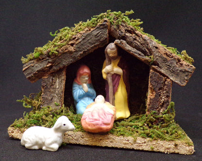 Oriental Trading Co. Inc. - 4 Piece Nativity Set with Stable: Joseph, Mary, Baby Jesus in Manger, and Sheep - Ceramic Set with Wood Stable