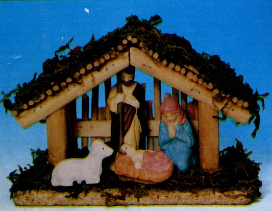 Oriental Trading Co. Inc. - 4 Piece Nativity Set with Stable: Joseph, Mary, Baby Jesus in Manger, and Sheep - Ceramic Set with Wood Stable